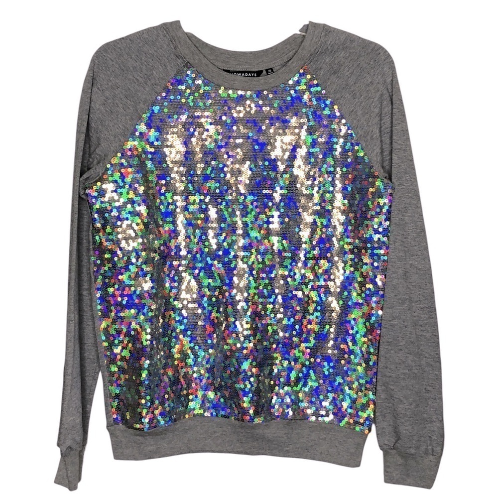 NWT - NOWADAYS 100% Cotton Gray Crew Neck Sweatshirt Silver Sequins - Size Jr. S